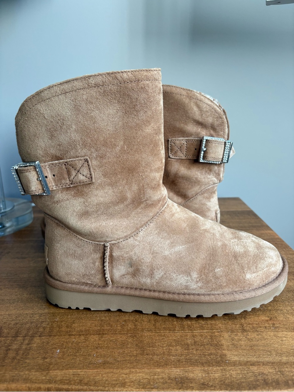 UGG Chestnut Suede Mid-Calf Boots with Rhinestone Buckle (Never been worn!)